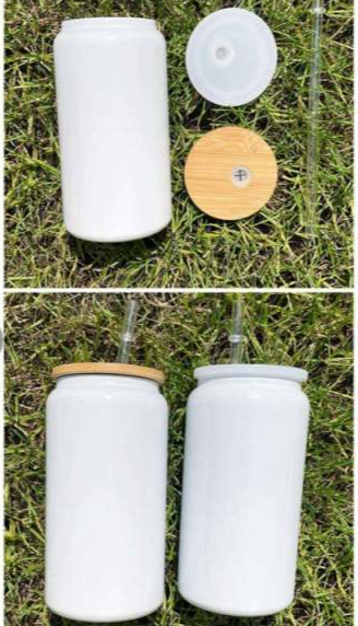 16oz White Stainless Steel can with 2 lids + Straw