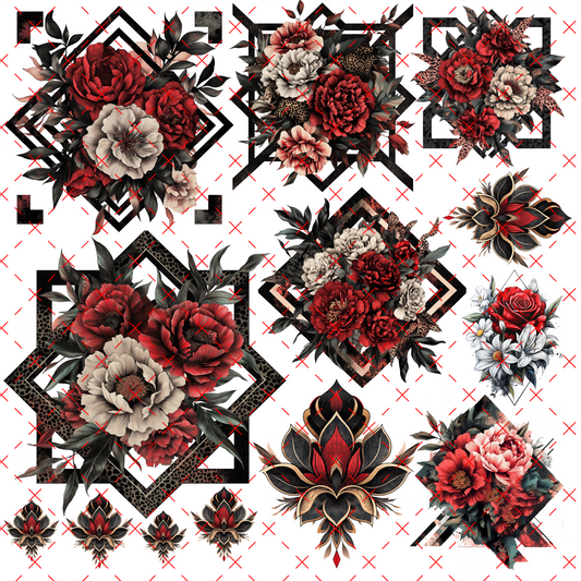 10X10 - RED AND BLACK GEOMETRIC FLOWERS