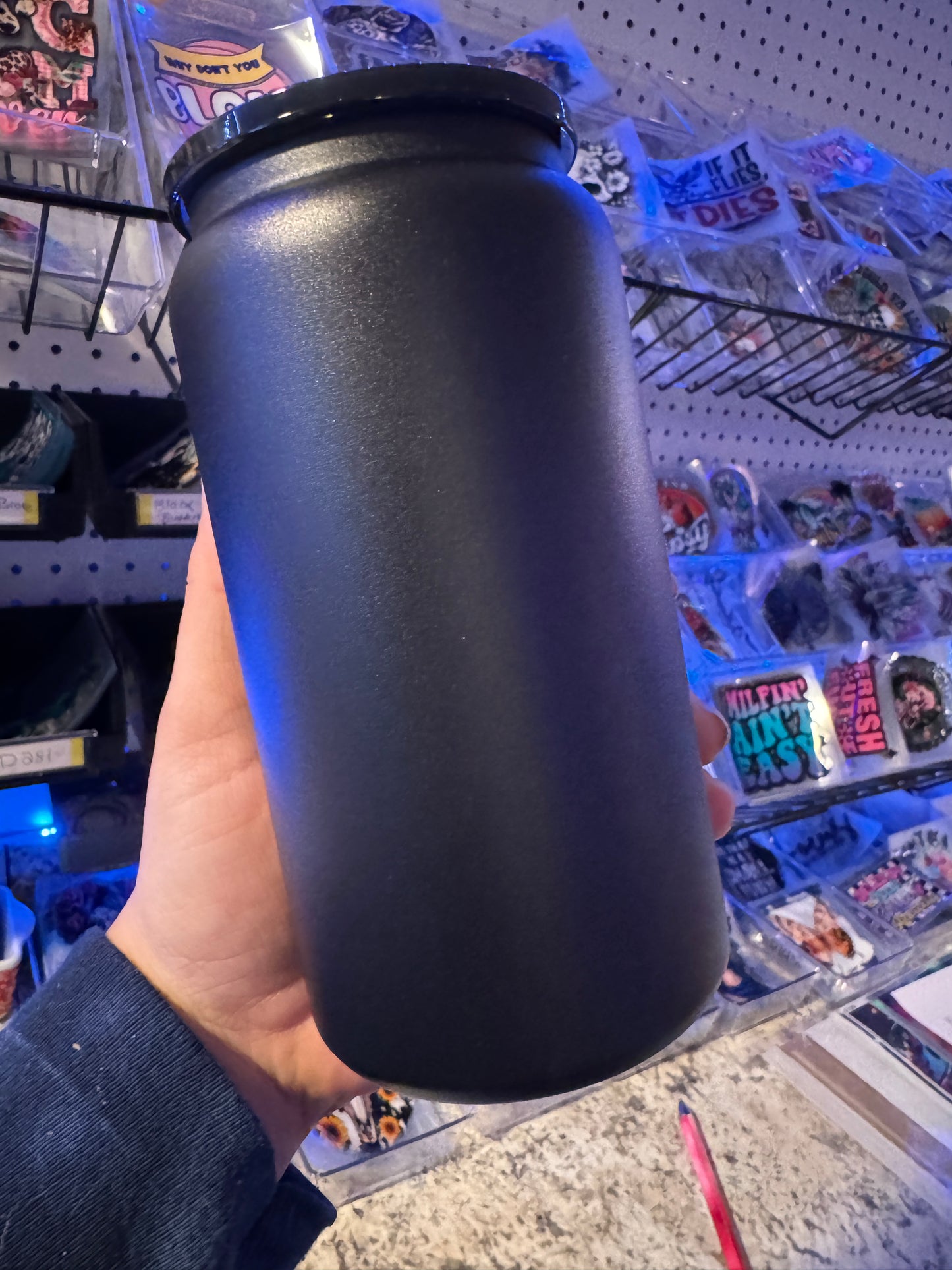 16oz Black  Stainless Steel can w/Straw